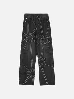 Black cargo jeans with white graphic print and utility pockets, edgy streetwear style