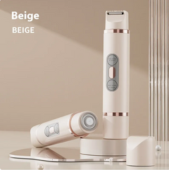Beige cordless facial epilator and trimmer for women, gentle hair removal tool with rose gold accents