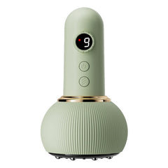 Mint green facial massager with digital display and gold accent, ideal for skincare routines