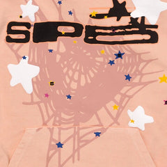 Pink hoodie with 'SPE' graphic, stars, and spiderweb design for kids' fashion