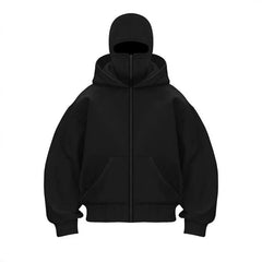 Black zip-up hoodie with face mask, cozy winter wear for men and women