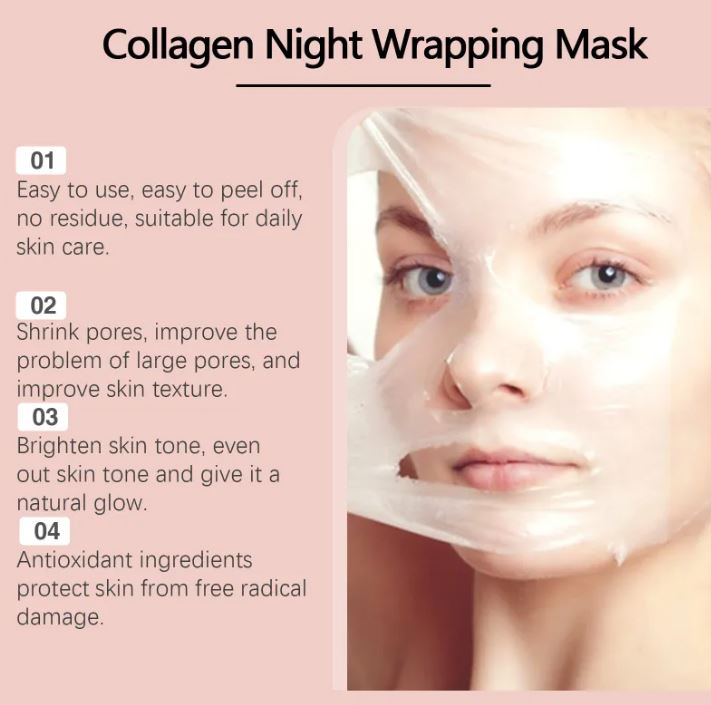 Collagen night wrapping face mask for glowing skin, pore reduction, and daily skincare routine