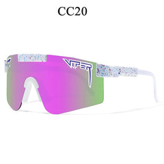 Vibrant purple and green gradient shield sunglasses with speckled white frame, stylish unisex eyewear