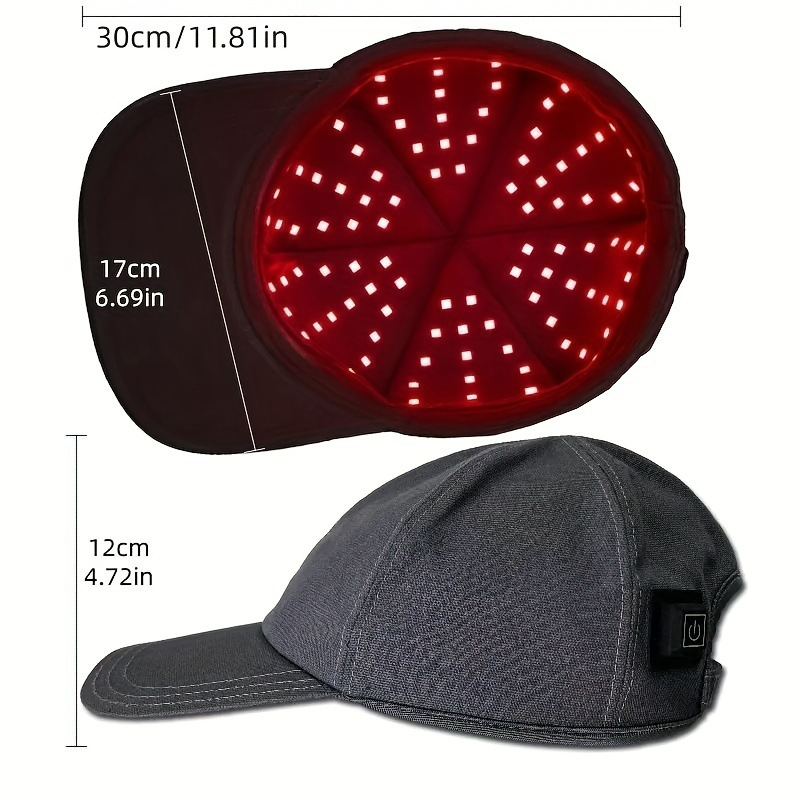 Red LED light therapy cap with dimensions, gray fabric exterior, power button, for hair growth treatment