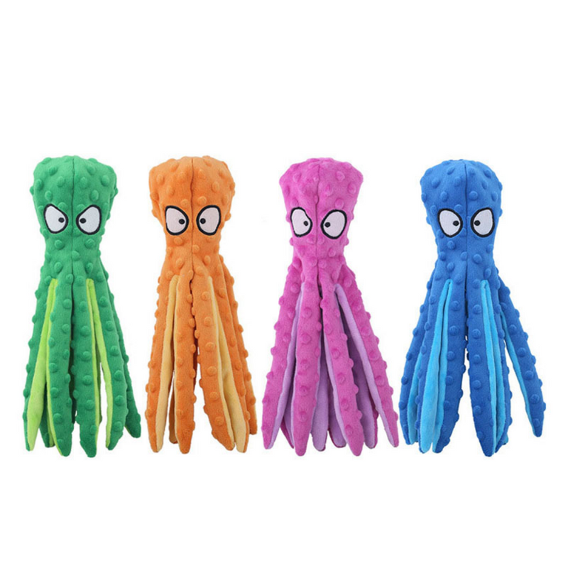 Colorful plush octopus toys in green, orange, pink, blue for kids and pets