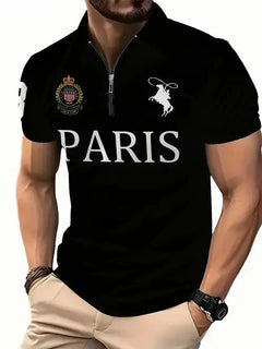 Men's black Paris polo shirt with crest and horse logo, stylish casual wear