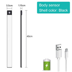 Black body sensor light with USB charging, 40cm tall, compact design for home use