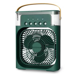 Portable green misting fan with handle, ideal for home or travel cooling