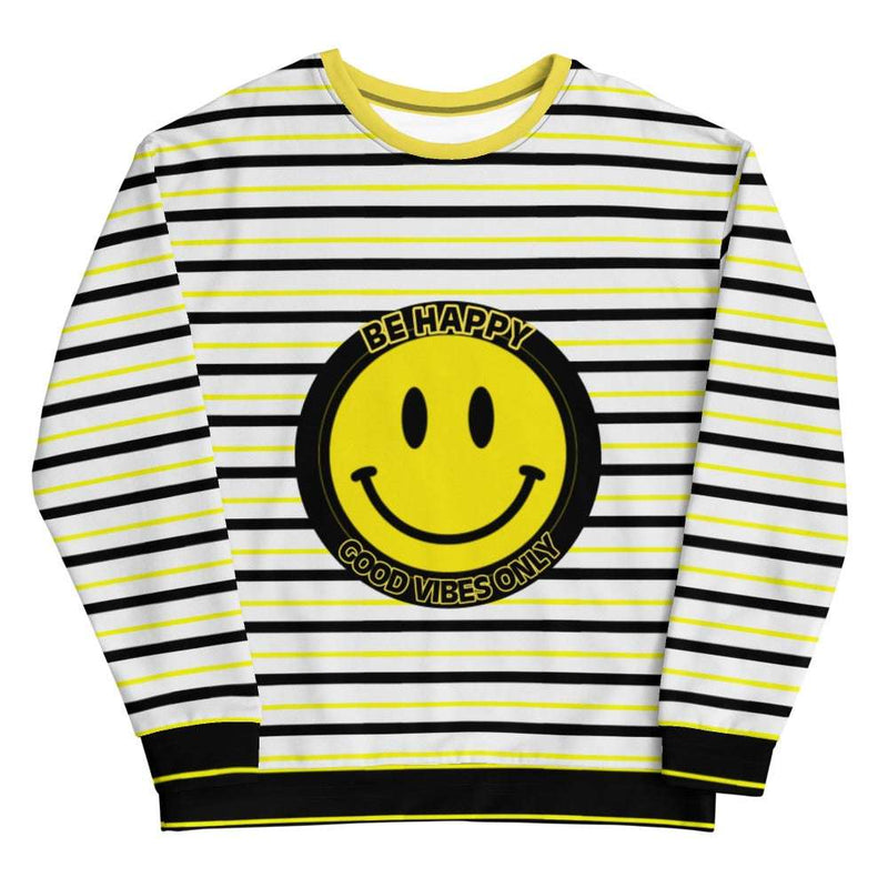 Striped sweatshirt with yellow smiley face, 'Be Happy Good Vibes Only' graphic, black and white design