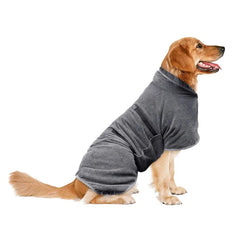 Golden retriever wearing cozy gray dog robe, perfect pet gift for comfort and warmth