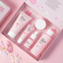 Japan Sakura skincare gift set with cleanser, toner, serum, eye cream in pink cherry blossom box