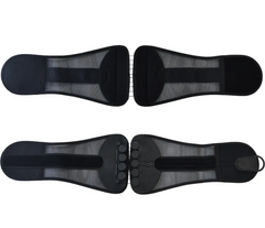 Black back support belt with mesh panels and adjustable straps for lumbar comfort