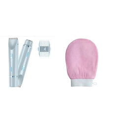 Electric hair trimmer set with pink exfoliating glove for personal grooming