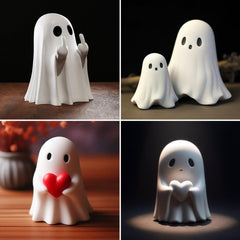 Cute white ghost figurines with expressive poses, perfect for Halloween or spooky decor gifts
