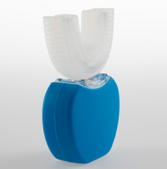 Blue U-shaped electric toothbrush with transparent bristles for oral care