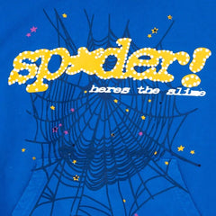 Blue hoodie with spider web design, yellow 'Spider!' text, and stars for Halloween gifts