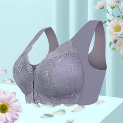 Lace front closure bra with floral design, soft purple hue, ideal gift for women