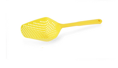 Bright yellow plastic strainer with perforated bowl and long handle, ideal for kitchen use