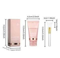 Collagen night wrinkle mask with pink packaging, tube, and applicator brush, showing dimensions for skincare gift set