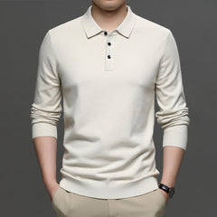 Cream long sleeve polo shirt for men, soft knit fabric with black buttons, casual style