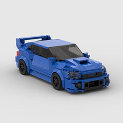 Blue LEGO-style sports car with spoiler, black wheels, and racing design for kids and collectors