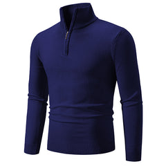 Navy blue men's half-zip sweater with ribbed collar and cuffs, cozy winter knitwear