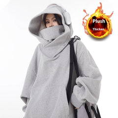 Plush thick gray hooded sweatshirt with oversized hood and cozy fit, perfect for chilly days