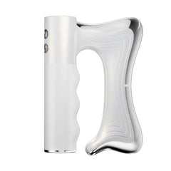 White handheld massager with ergonomic design and metallic accents for relaxation and muscle relief