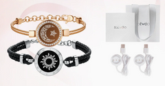 Sun and moon charm bracelets with braided bands, USB earbuds, and gift packaging for family gifts