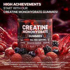 Creatine monohydrate gummies with 8000mg per serving, sugar-free, surrounded by mixed berries for energy and muscle support