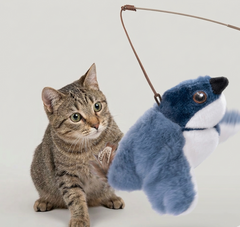 Tabby cat playing with blue plush bird toy on wand, fun pet gift for cats