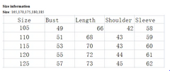 Size chart for kids' clothing with measurements for bust, length, shoulder, and sleeve