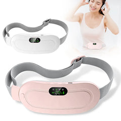 Pink and white waist massager belt with digital display, shown worn by woman for relaxation and pain relief