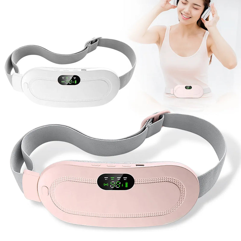 Pink and white waist massager belt with digital display, shown worn by woman listening to music