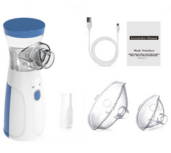 Portable mesh nebulizer with USB cable, masks, and instruction manual for home respiratory care