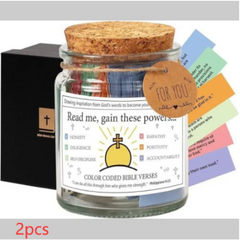Color-coded Bible verse jar with inspirational quotes, cork lid, and gift tag — perfect spiritual gift for family