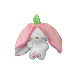 Cute white bunny plush with pink strawberry hood, perfect gift for kids and families