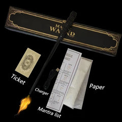 Magic wand with glowing tip, charger, ticket, mantra list, and paper in elegant black box