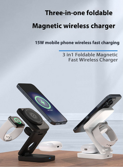3-in-1 foldable magnetic wireless charger for phone, watch, earbuds with 15W fast charging