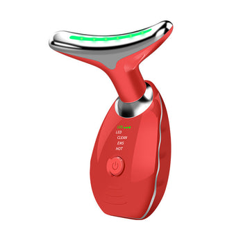 Red facial cleansing device with LED light and hot mode, for skincare and beauty routines