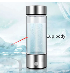 Clear glass hydrogen water bottle with stainless steel base and lid, bubbling water inside