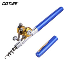 Compact blue portable fishing rod with gold reel, ideal for travel and gifts