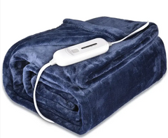 Cozy navy blue electric heated blanket with white control panel, perfect for family comfort and gifts