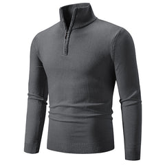 Dark gray men's quarter-zip sweater with ribbed collar and cuffs, cozy winter knitwear