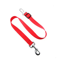 Red pet car seat belt with safety buckle and metal clip for secure travel