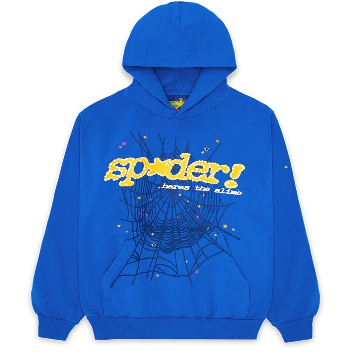 Blue kids hoodie with spider web graphic, 'spider! here's the slime' text, perfect for Halloween gifts