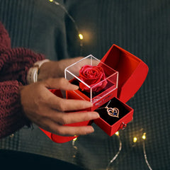 Red rose in clear box with heart pendant necklace, perfect romantic gift for loved ones