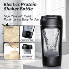 Electric protein shaker bottle with 7000 RPM blending, quiet operation, and built-in powder storage for easy use