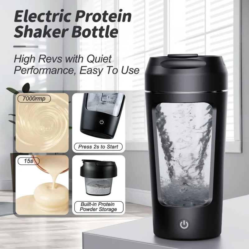 Electric protein shaker bottle with 7000 RPM blending, quiet operation, and built-in powder storage for easy use