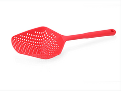 Red silicone slotted spoon for kitchen cooking and draining pasta